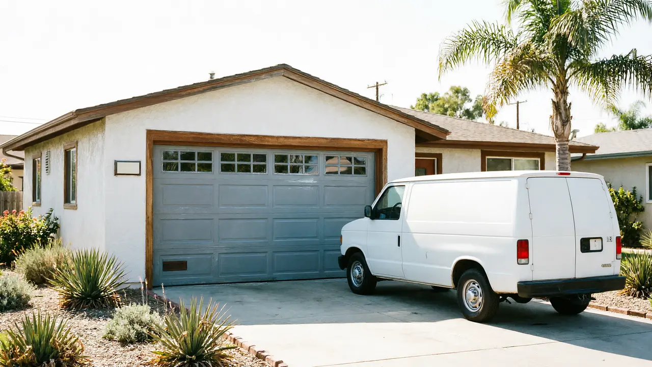 A white house with a gray garage door and a white van in the driveway.