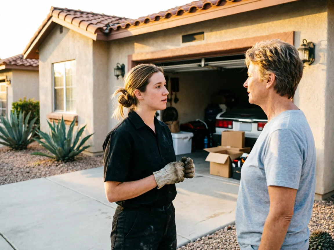 A technician in work clothes talks to a woman in front of a house with an open garage.