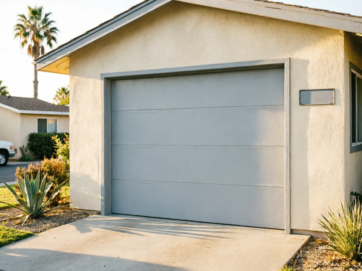A light gray garage door is on a stucco house with a palm tree in the background.