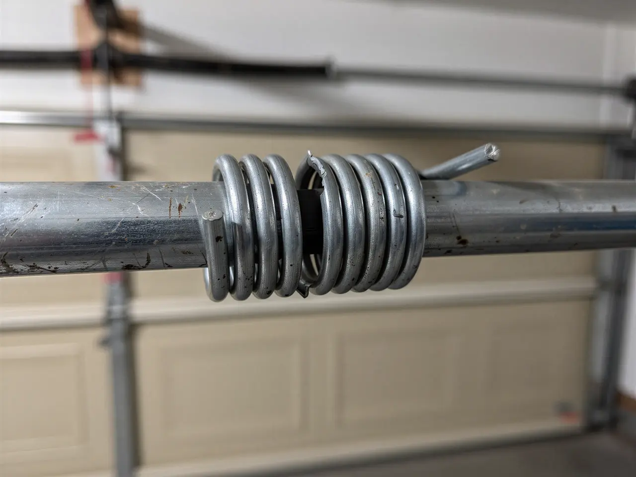 A broken torsion spring is on a metal rod in front of a garage door.